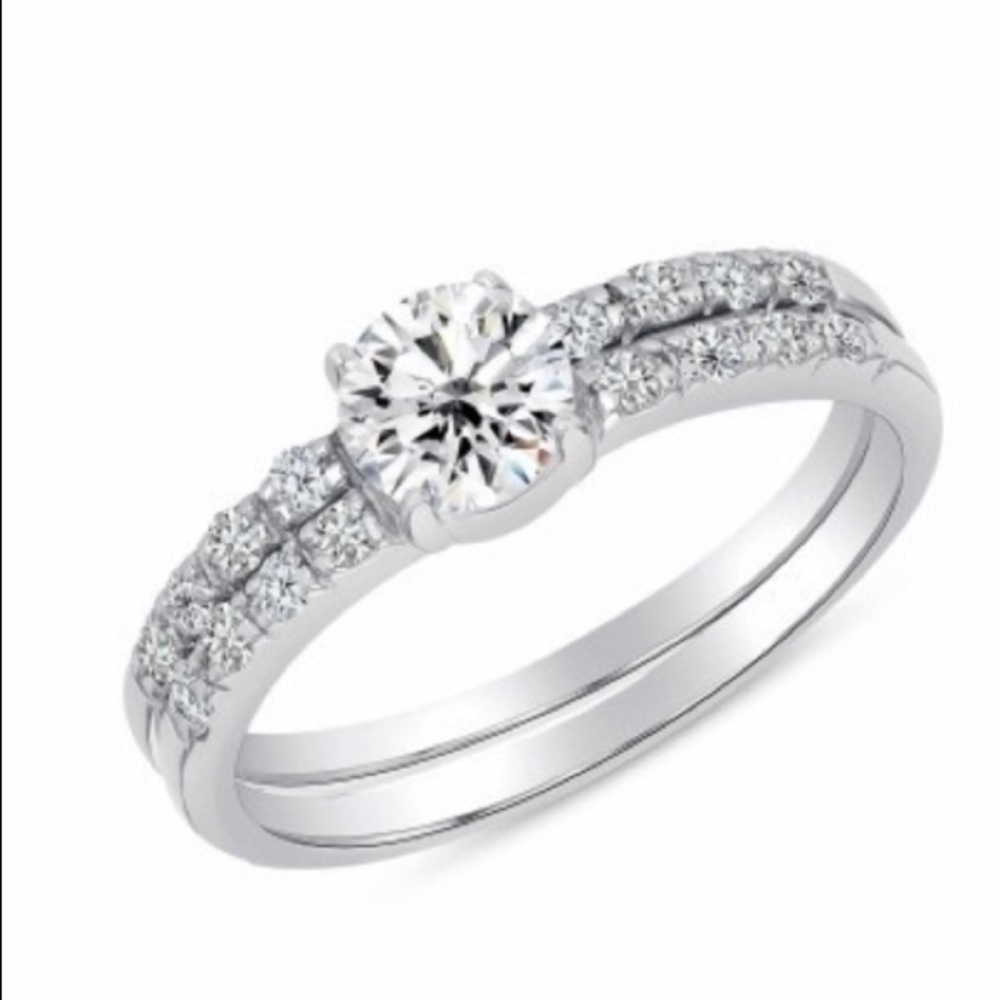 Sterling Silver Round Engagement Ring 2pc set sizes 5 6 7 8 9 10 11